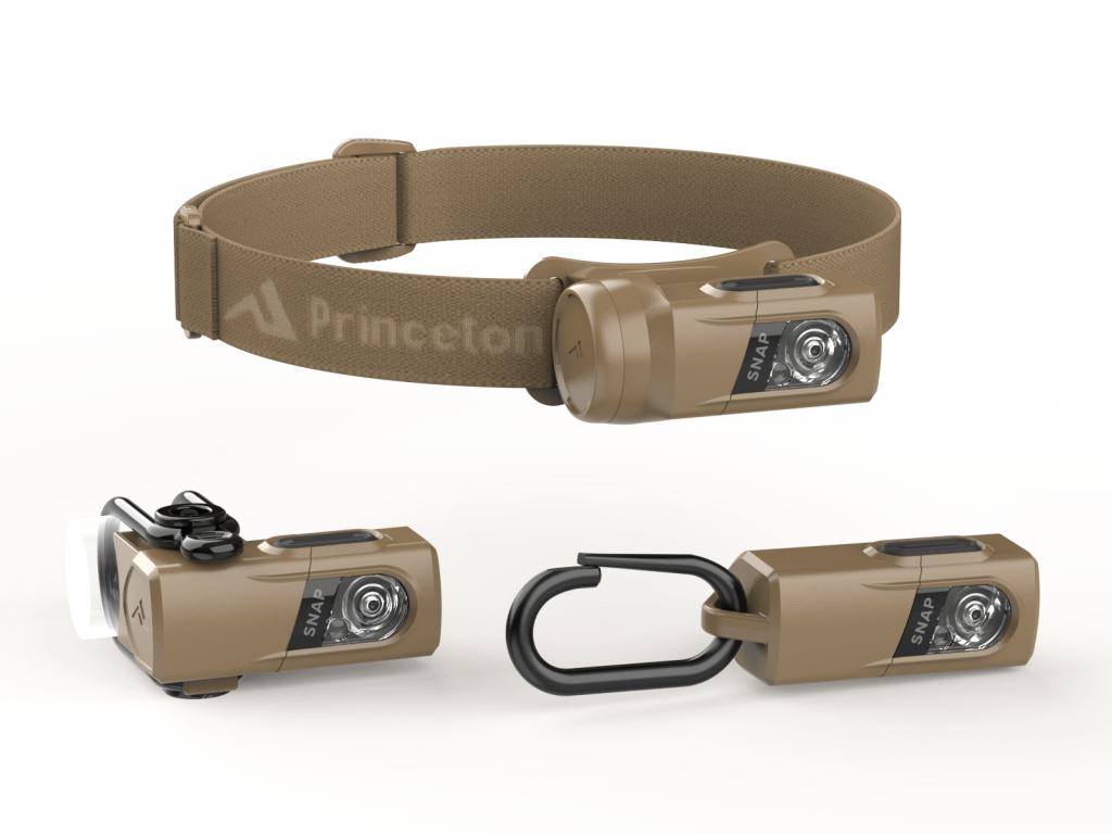 Princeton Tec Snap Headlamp Kit tan with bar mount and carabiner mount