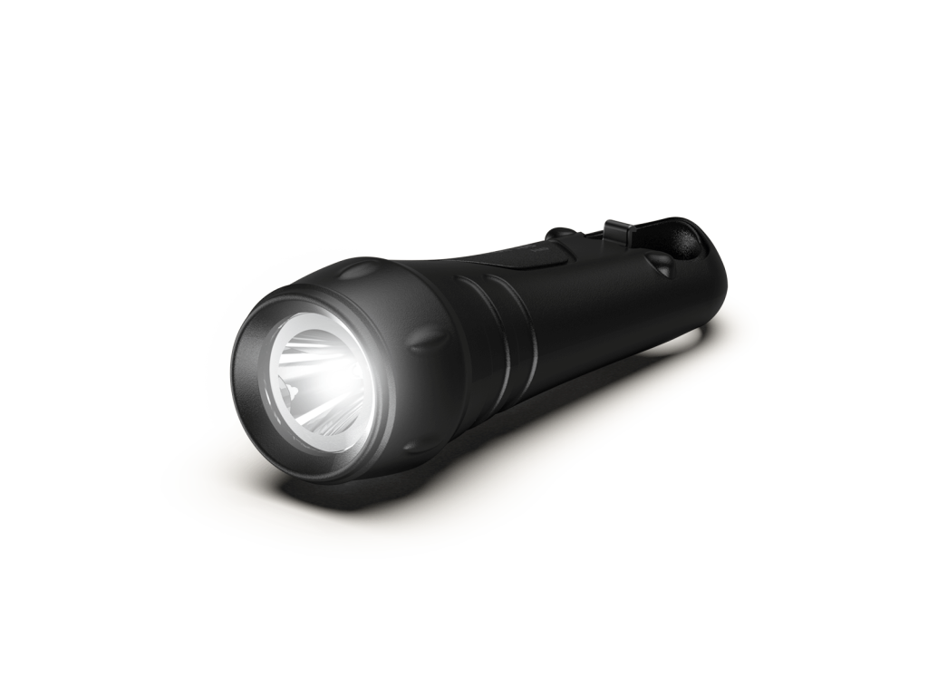 Princeton Tec Amp RBW flashlight and bottle opener black with light on